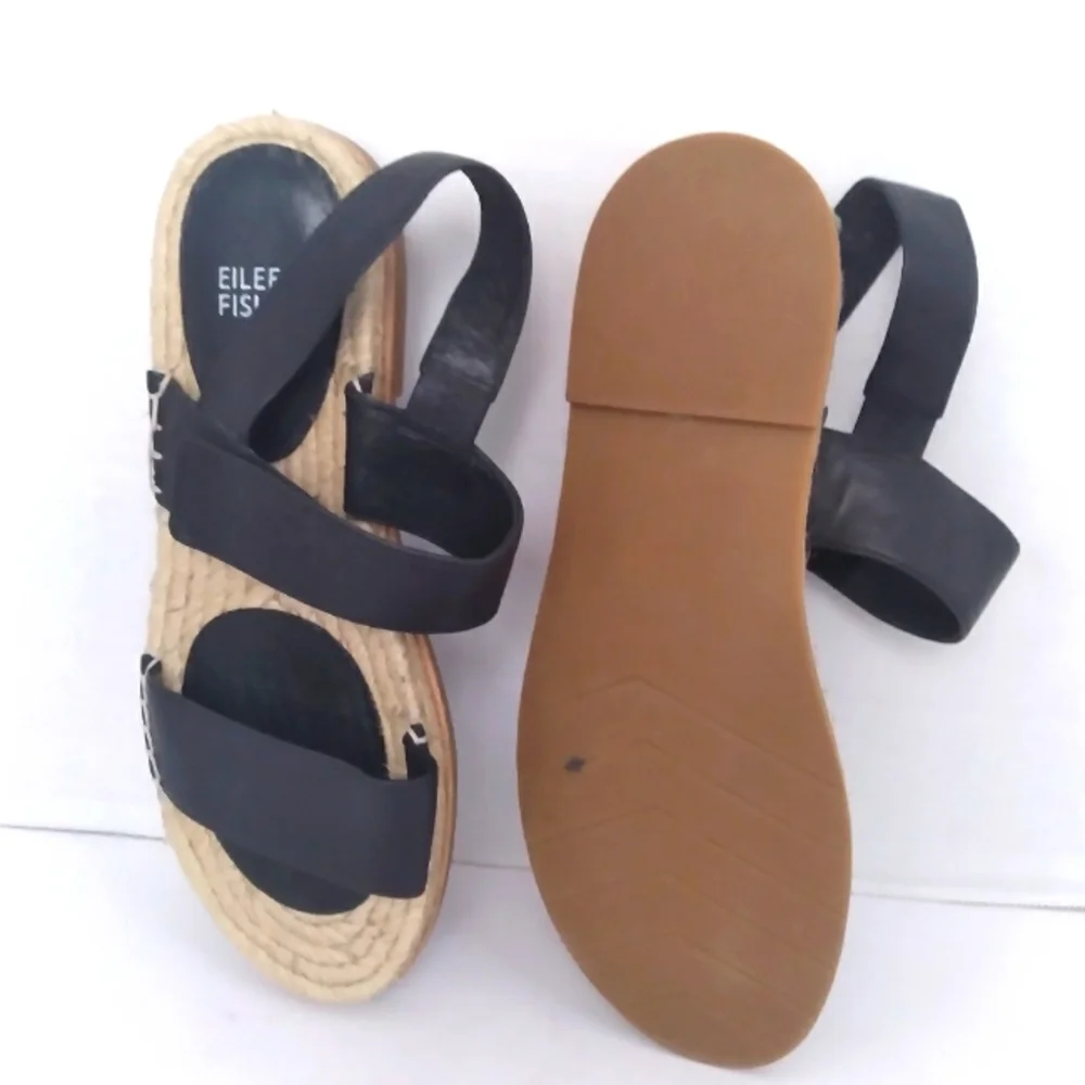 Eileen Fisher Black Leather Espadrille Platform Sandals Comfort Summer‎ Shoes